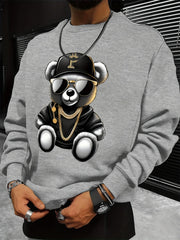 Men's autumn and winter fashionable casual loose cool bear cartoon graphic print fleece long sleeved