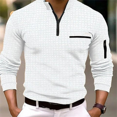 2025 Spring and Autumn New Men's Plaid Turtleneck Zipper Long Sleeve Polo Shirt  Casual