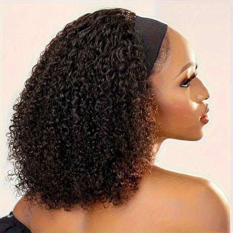 200% Density Human Hair Wig Short Headband Bob Wig Natural Black Short Curly Bob Cut Glueless Kinky Curly Headband Wig