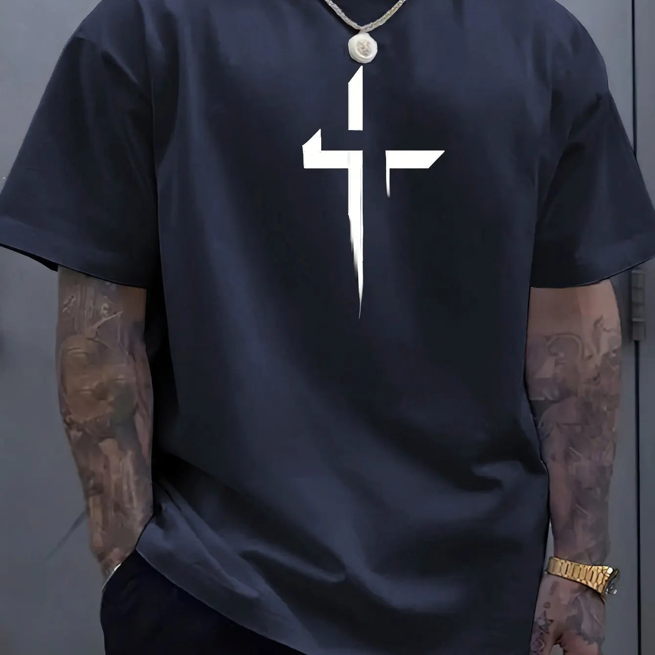 Summer men's 100% pure cotton casual loose plus size Cross Creative printed sports