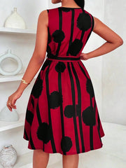 Mini Dress Spring Summer Women Red Black Brush Print Sleeveless Notch Neck Self Tie A-Line Casua dressl