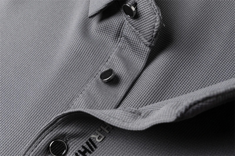 New Men's Business Casual Long Sleeved Shirt with Badge Solid Color Polo Shirt