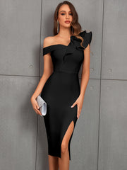 One Shoulder Ruffle Split Thigh Bodycon Midi Elegant Bandage Dress For Coaktail Party