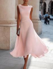 Elegant Sleeveless Cowl Neck Midi Dress with Pleated Waist and Flowing A Line Skirt for Formal Occasions