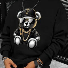 Men's autumn and winter fashionable casual loose cool bear cartoon graphic print fleece long sleeved