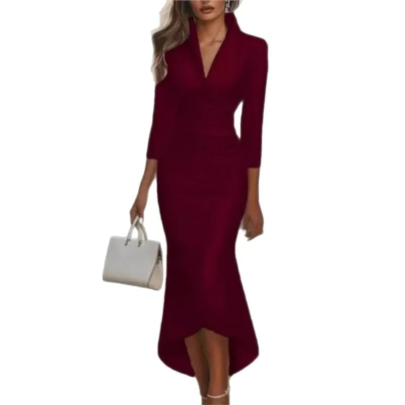 Commuting V-Neck Satin Dress Elegant Sexy Evening Party & Office Ladies Work Wear Stylish Long Sleeve Gown Dresses For Women