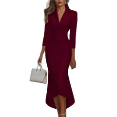 Commuting V-Neck Satin Dress Elegant Sexy Evening Party & Office Ladies Work Wear Stylish Long Sleeve Gown Dresses For Women
