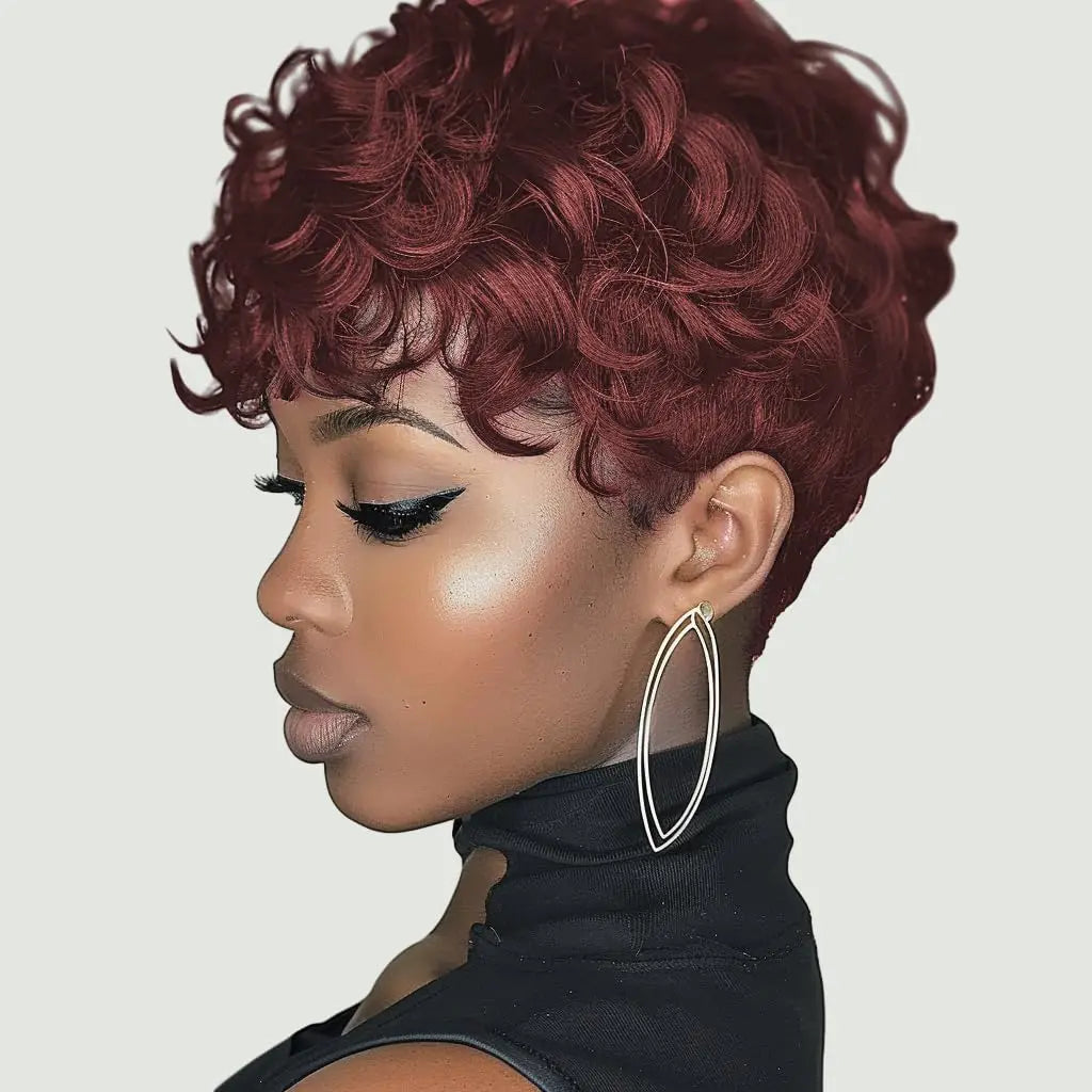 Black women's short elf wig with bangs, layered style, curly synthetic short hair wig, women's short curly wig