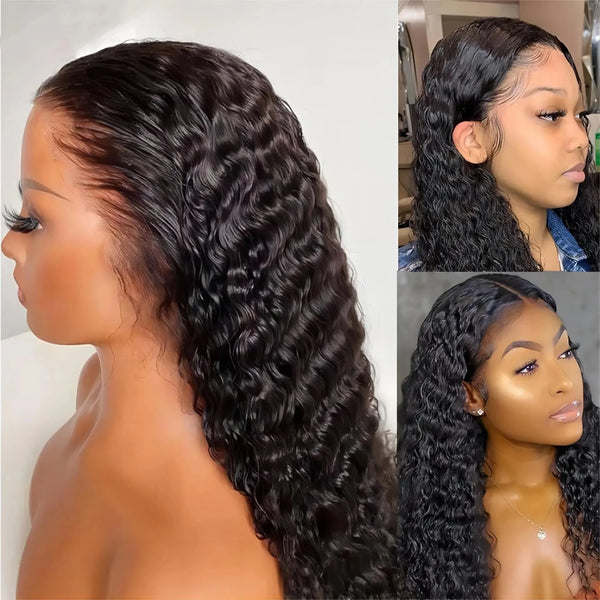Deep Curly Wave 30 Inch Lace Front Wig Human Hair 13x4 Pre Plucked HD Lace Frontal Wigs For Women 180% Natural Black Brazilian