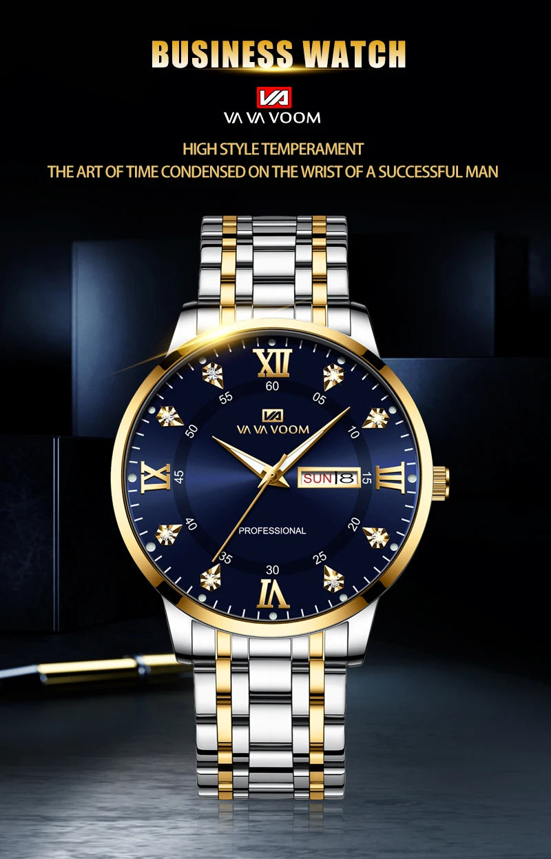 Top Brand Men Watch Stainless Steel Top Quailty Luxury Push Button Hidden Clasp Waterproof Luminous Date Week Sport Wrist Watch