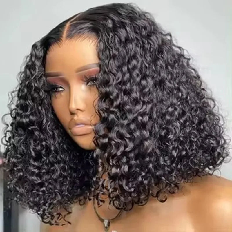 Deep Wave Short Bob Cut Natural Black Color 13X4 HD Lace Front Synthetic Wig For Black Women Preplucked Cosplay Daily Glueless