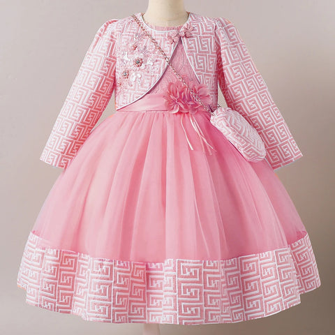 HETISO Girl Dresses with Bag long Sleeve Coat Tulle Princess Ball Gown for Kids in Party Birthday Graduation Christmas 3-10Y