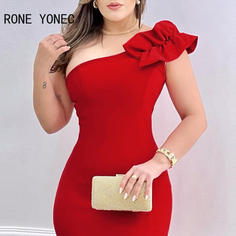 Women Elegant Solid Diagonal Collar Sleeveless Mini Bodycon Formal Party Dress