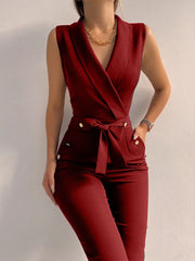 Women Casual V Neck Jumpsuits Button lace up sleeveless