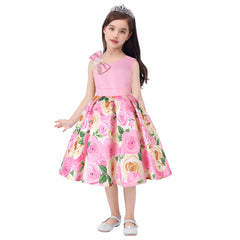 New diagonal shoulder children's dress rose print dress dress Girl party dress festival performance dress ins