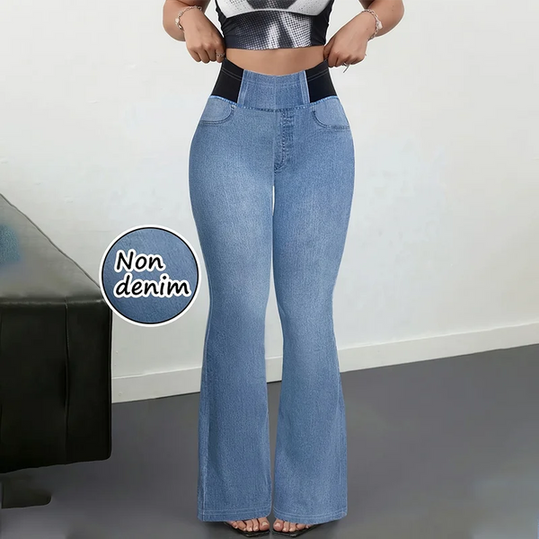 Women's Imitation Denim Flared Jeans, High Waist Stretchy Leggings Booty Lifting Casual Pants Trousers