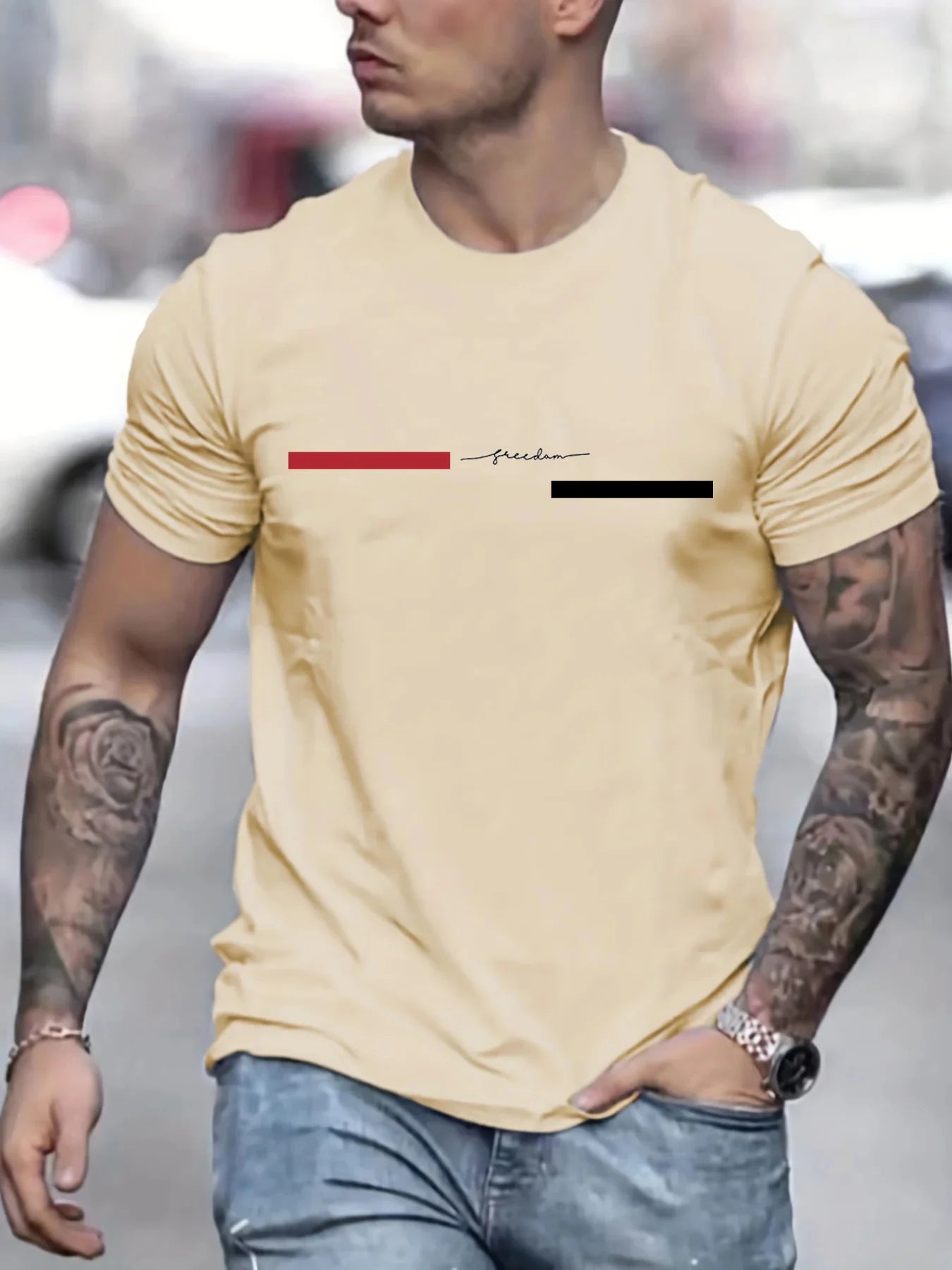 Summer men's 100% pure cotton casual loose freedom letter printed sports comfortable round neck short sleeved T-shirt top