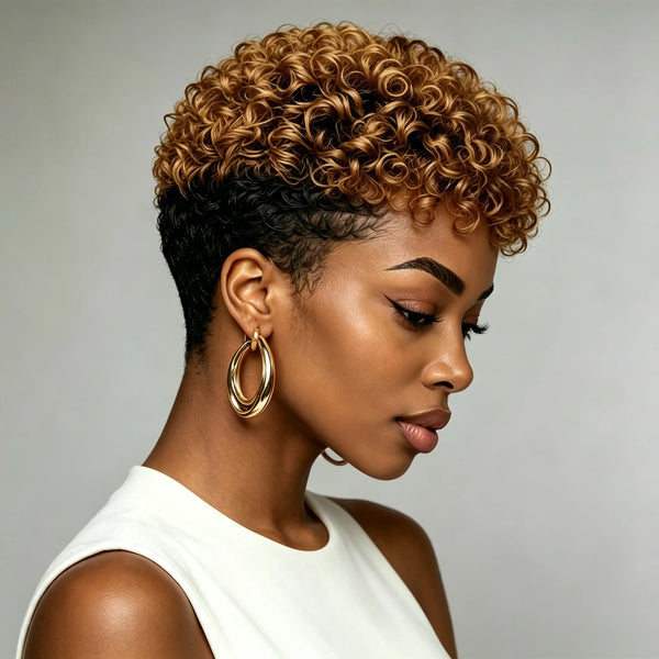 Two Tone Black Honey Blonde Short Kinky Curly Human hair Fashion 80% Density  full wig