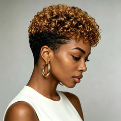 Two Tone Black Honey Blonde Short Kinky Curly Human hair Fashion 80% Density  full wig