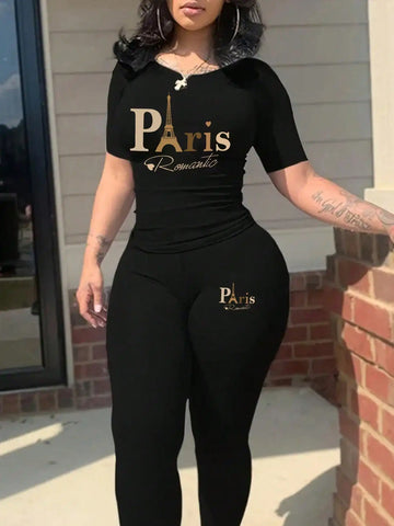 2026 Women's New Paris Printed Two-Piece Set, Casual Short-Sleeved Round Neck T-Shirt t