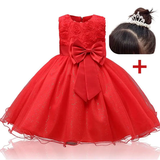 Girl's Red Christmas Dress for 4-8 Years Kids Bow Dress Crown Elegant Children's WeddingDresses Girls Formal Gown Performance
