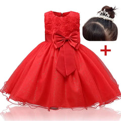 Girl's Red Christmas Dress for 4-8 Years Kids Bow Dress Crown Elegant Children's Wedding Dresses Girls Formal Gown Performance
