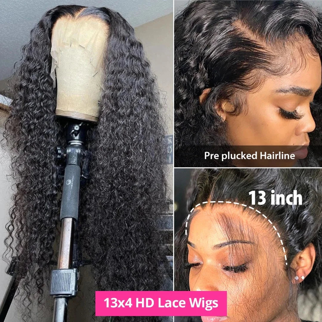 Deep Curly Wave 30 Inch Lace Front Wig Human Hair 13x4 Pre Plucked HD Lace Frontal Wigs For Women 180% Natural Black Brazilian