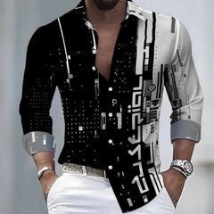 Men's 21-Color Long-Sleeved Shirt Loose Fit Black White Patchwork Geometric Letter Print Stylish Design Casual Fashion Top