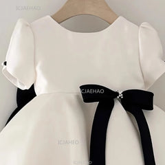 Baby Girl Princess Bow Pearl Silk Dress White Clothing Infant Toddler Vintage Vestido Wedding Party Birthday Baby Clothes 1-14Y
