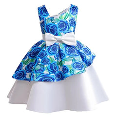 Roses Girls Dress Summer Sleeveless One Shoulder Bow Princess Kids Dress Christmas Birthday Party Costumes Children Clothing