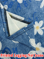 Printed Legging - Not Denim Fabric All-over Faux-Denim Printed 3-Inch Shorts with Faux Pocket and Button Print Details. New-a