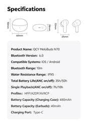 QCY MeloBuds N70 Adaptive ANC Wireless Earbuds Bluetooth 6.0 LDAC Hi-Res Audio 6 Mics Wireless Charging Earphones 50Hrs IPX5