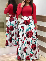 Retro Elegant Commuter Style Polka Dot High Waist  Flower Print Color Matching Short Sleeved Dress