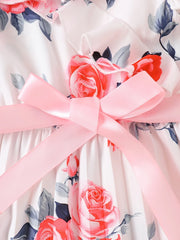 White Base Rose Print Girls Ruffle Sleeve Pleated Dress Sweet Style Summer Outfit