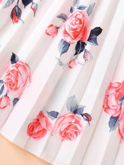 White Base Rose Print Girls Ruffle Sleeve Pleated Dress Sweet Style Summer Outfit