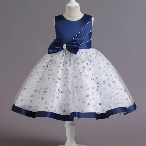 Kids Pearl Detailing Large Bow Floral Tulle Skirt Girls Sleeveless Dress Satin Accented Bodice Satin Hem Children Elegant Outfit