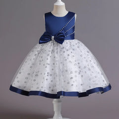 Kids Pearl Detailing Large Bow Floral Tulle Skirt Girls Sleeveless Dress Satin Accented Bodice Satin Hem Children Elegant Outfit