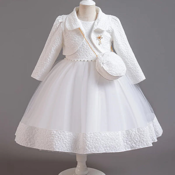 Spring Flower Girl Elegant Dresses for Wedding Girls’ Formal Dress with Bag 3 PC Set Long Sleeve