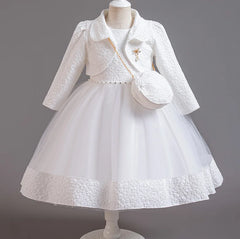 Spring Flower Girl Elegant Dresses for Wedding Girls’ Formal Dress with Bag 3 PC Set Long Sleeve