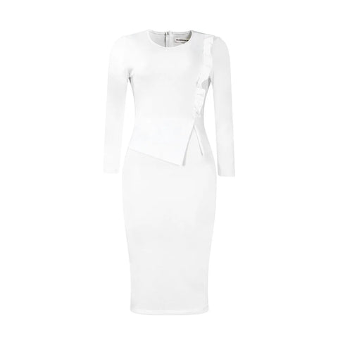 Women 2024 Autumn Pencil Dress Round Collar Full Sleeve Slim Vestidos Solid Tight Waist Temperament Office Lady Folds Dresses