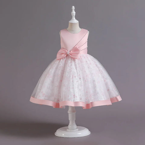 Kids Pearl Detailing Large Bow Floral Tulle Skirt Girls Sleeveless Dress Satin Accented Bodice Satin Hem Children Elegant Outfit