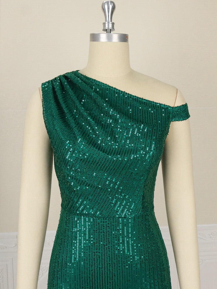 Sequins Dresses Knee Length Cold Shoulder Green Luxury Retro  Evening Cocktail Birthday Party
