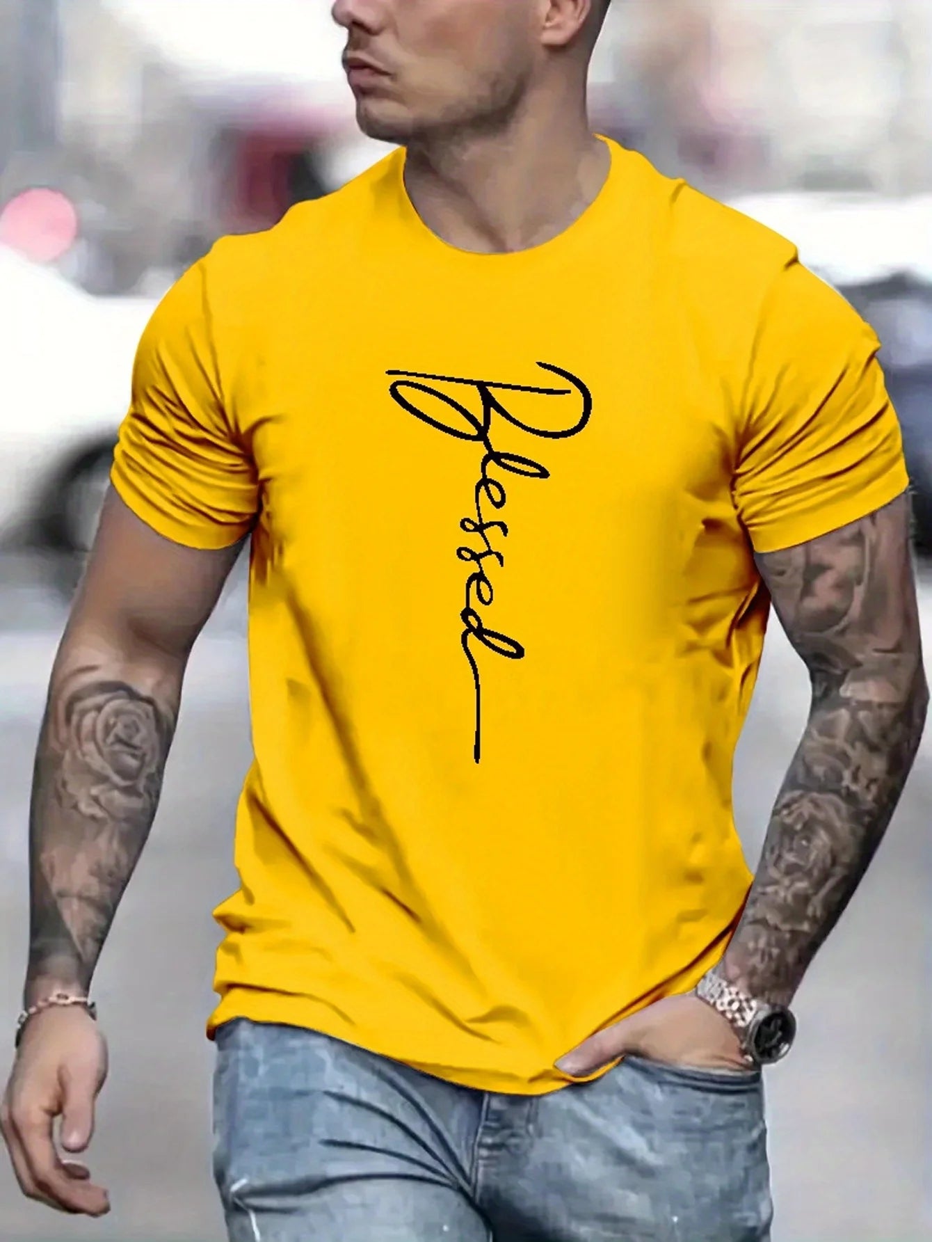 Men's summer loose fit oversized Blessed printed slim fit casual sports round neck short sleeve