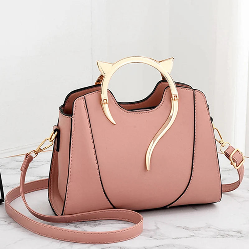Cat Shaped Handle Women Handbag Trendy And Fashionable, Solid Color, Simple And Casual Crossbody Shoulder Shell Bag