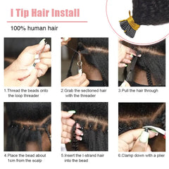I tip Hair Extensions Kinky Straight Human Hair #1B Pre Bonded Remy Micro Links Human Hair Extensions Natural Black 1g/Strand