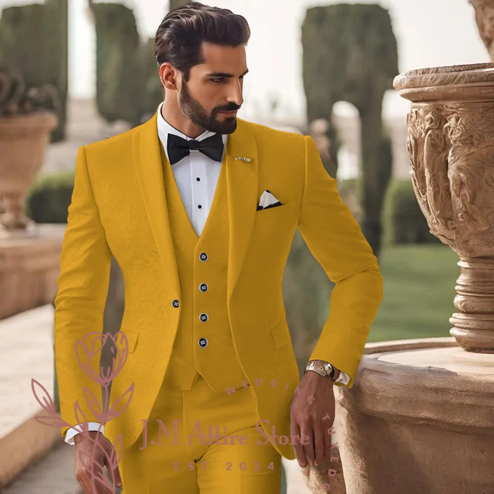 Men's White Jacquard Suit 3pcs Jacket Vest Pants Elegant Formal Fashion Set for Groom Wedding Prom Party Stylish Custom Tuxedo