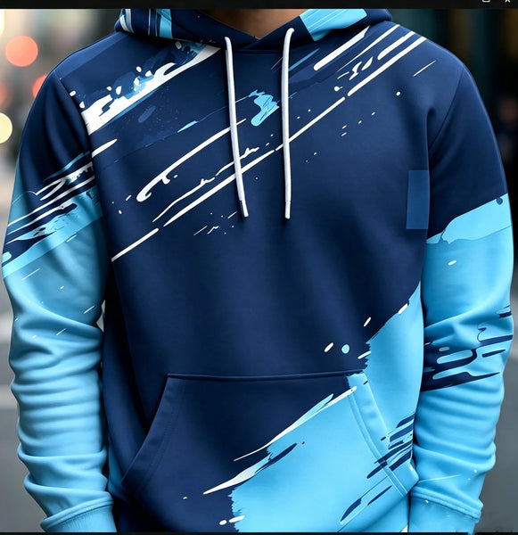 Casual Men Pullover Hoodie Abstract Graffiti Brush Print Long Sleeve Drawstring Pocket Streetwear Sweatshirt