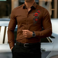 Men's Long-Sleeved Shirt, Featuring a Vintage Red Rose Print Design. A Stylish