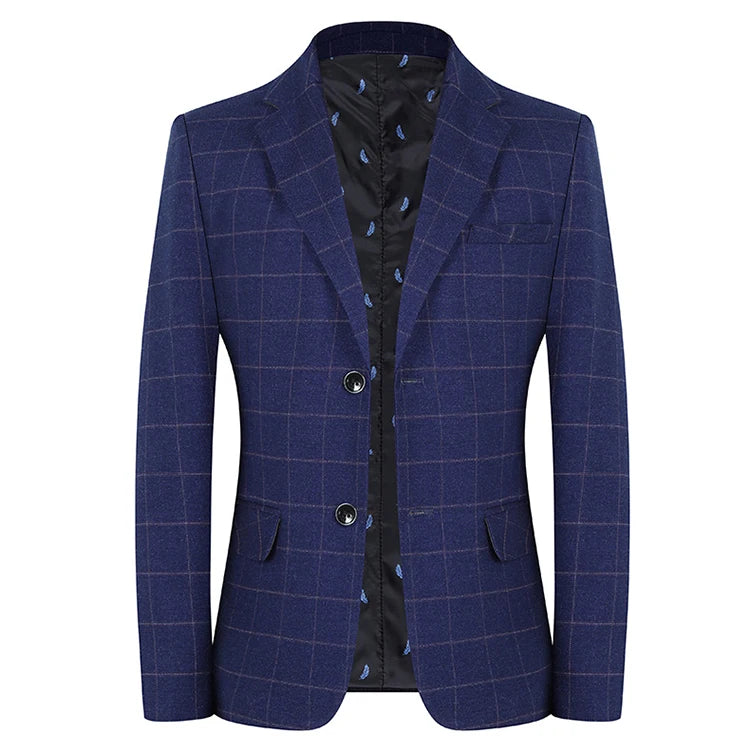 Men's Slim Fit Plaid Blazer Casual Spring Autumn Fashion Polyester Coat Handsome All-Matching Suit for Middle-Aged