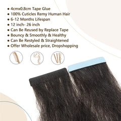 Invisible Tape In Hair Extensions Human Hair Kinky Straight/Light Yaki Straight Injected Tape ins Remy Black Tape On Hair 20PCS